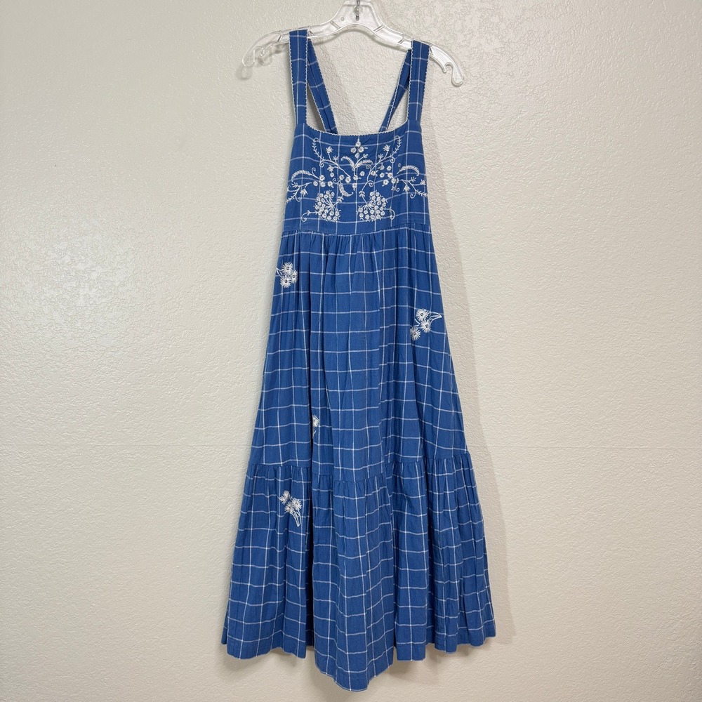 Madewell Midi Dress Women 14 Blue Plaid Embroidered Tie Back Tiered Cotton Sun